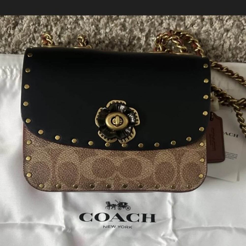 Coach Beat Canvas Coated Leather Shoulder Bag Mini-Medium Black + Tan Rust C2462